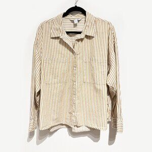 Old Navy Cropped Boyfriend Shirt Tan and White Stripe XL